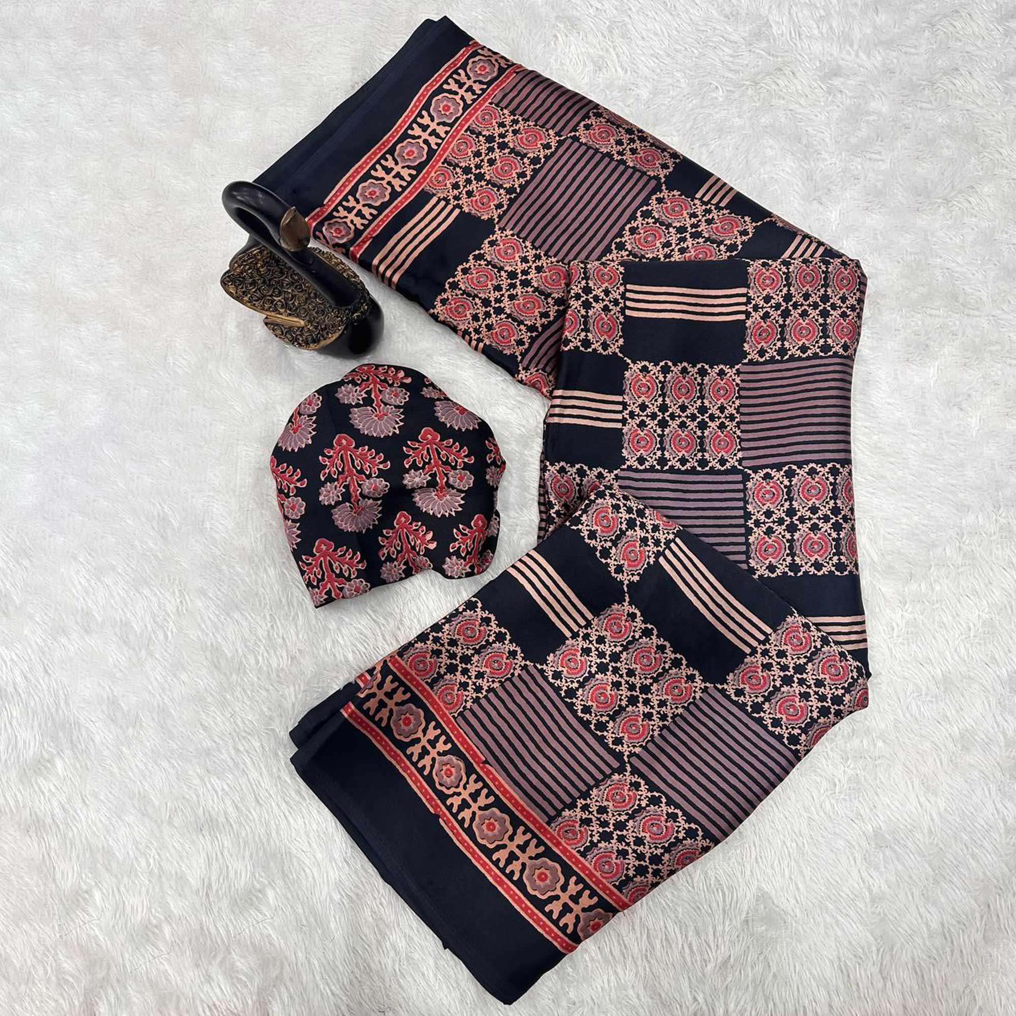 Designer Black Ajrakh Print Pure Silk Saree for Special Occasions