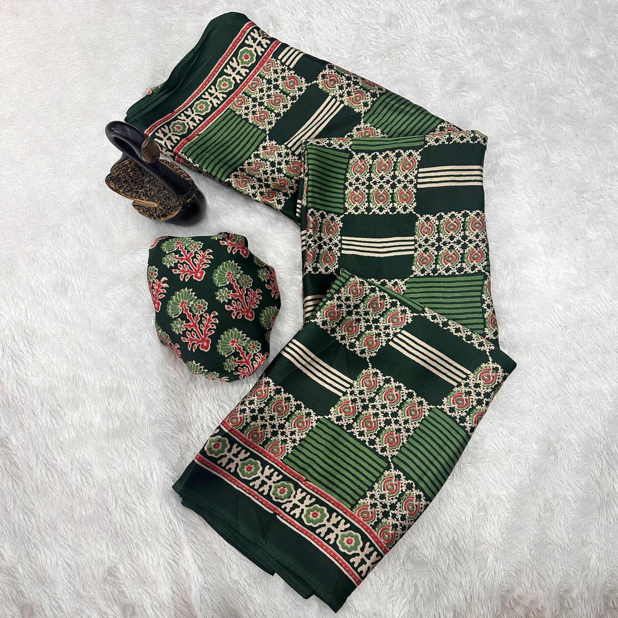 Designer Green Ajrakh Print Pure Silk Saree for Special Occasions