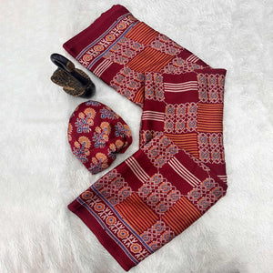 Designer Maroon Ajrakh Print Pure Silk Saree for Special Occasions