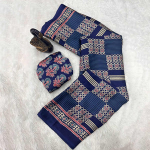 Designer Navy Blue Ajrakh Print Pure Silk Saree for Special Occasions