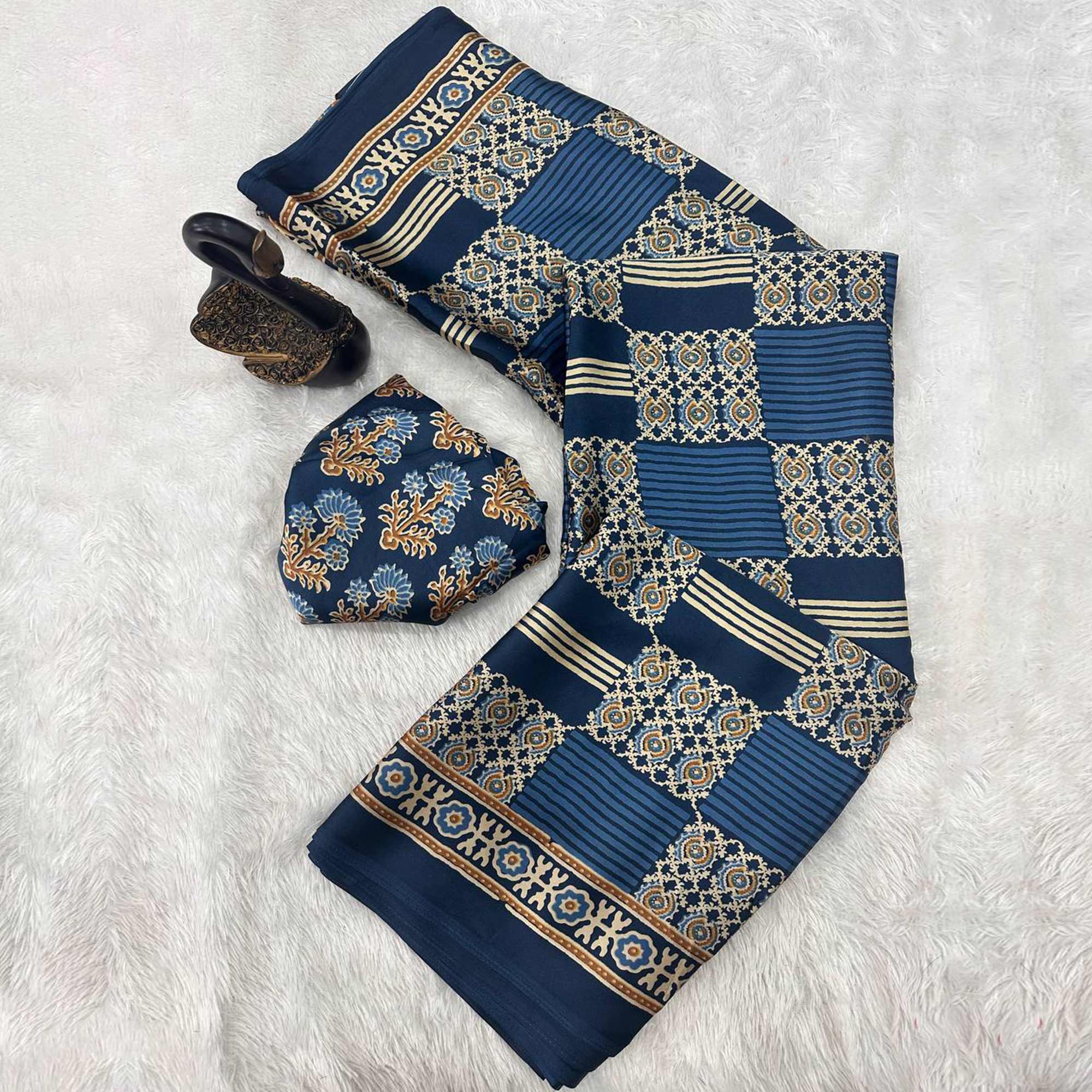 Designer Teal Ajrakh Print Pure Silk Saree for Special Occasions