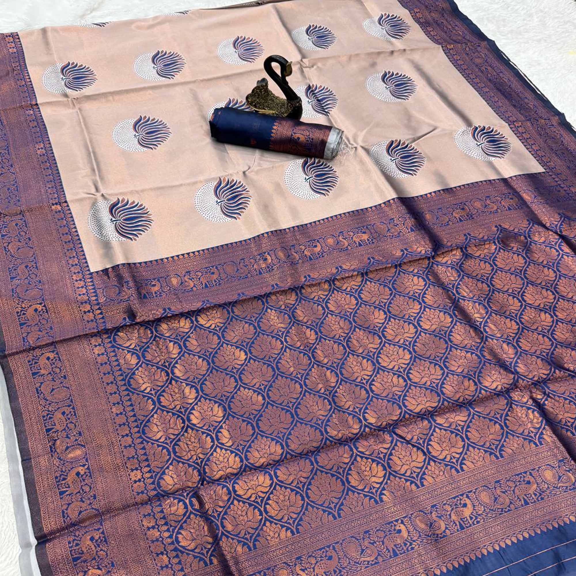Navy Blue Floral Zari Weaving Banarasi Silk Saree Embellished With Intricate Unique Border & Pallu