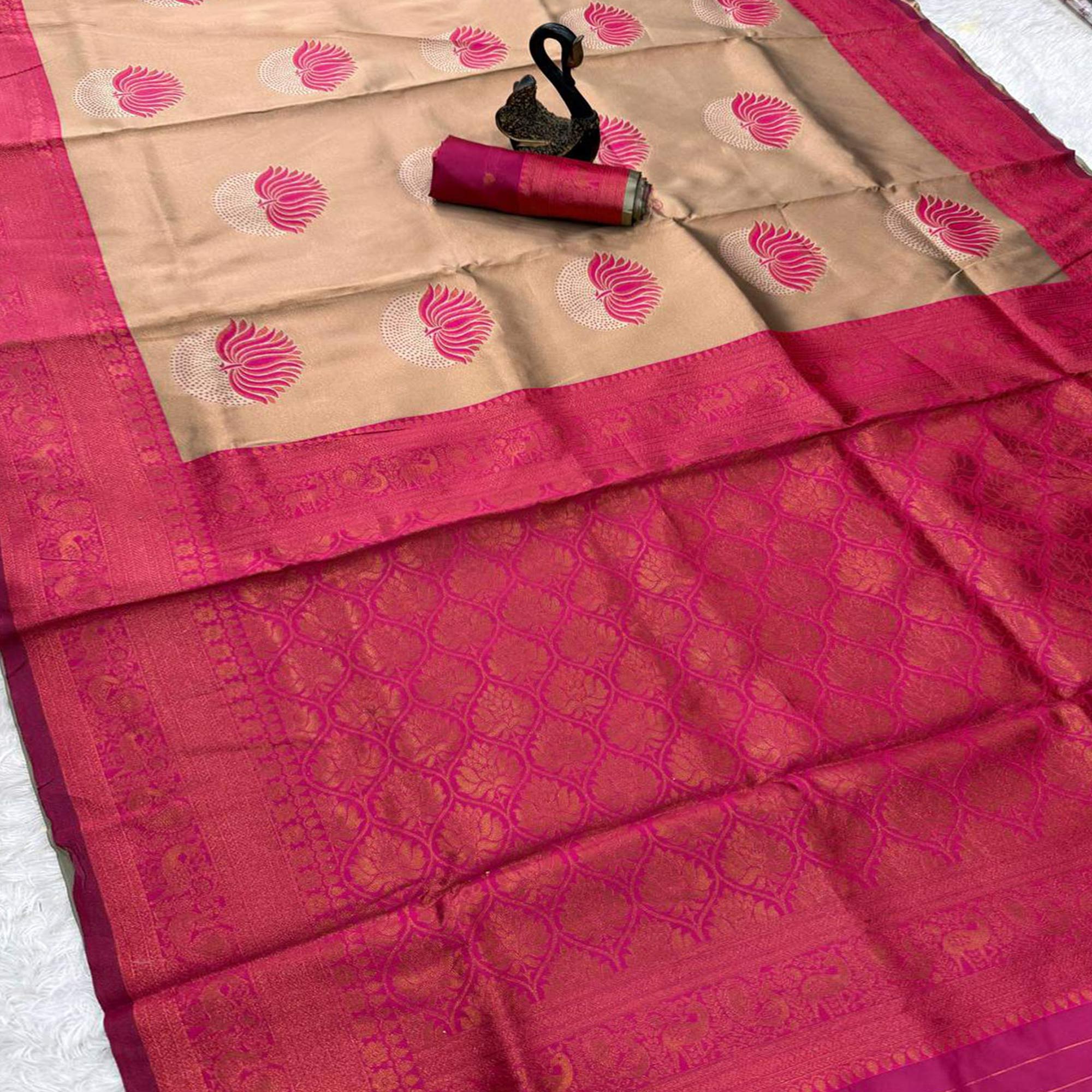 Pink Floral Zari Weaving Banarasi Silk Saree Embellished With Intricate Unique Border & Pallu