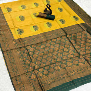 Yellow & Green Floral Zari Weaving Banarasi Silk Saree Embellished With Unique Border & Pallu