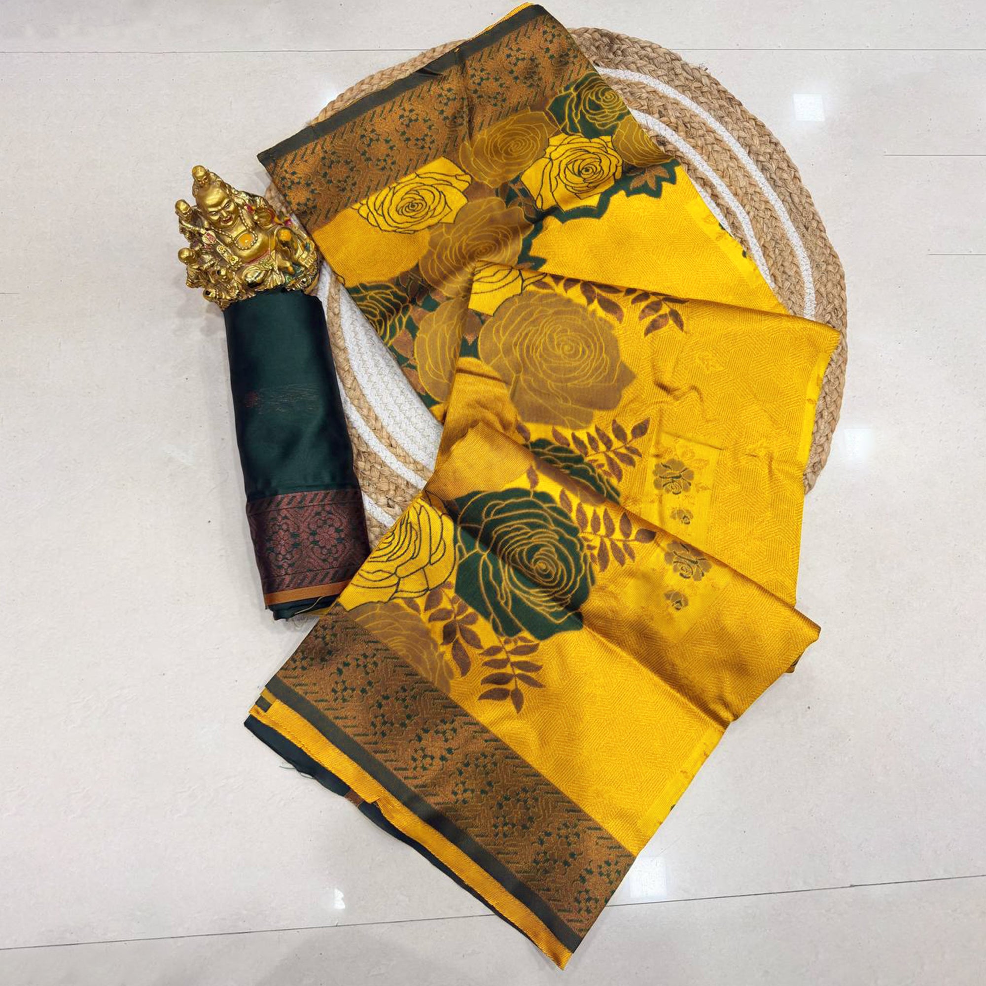 Mustard Handloom Banarasi Silk Saree Enhanced with Artistic Floral Zari Weaving for Timeless Appeal