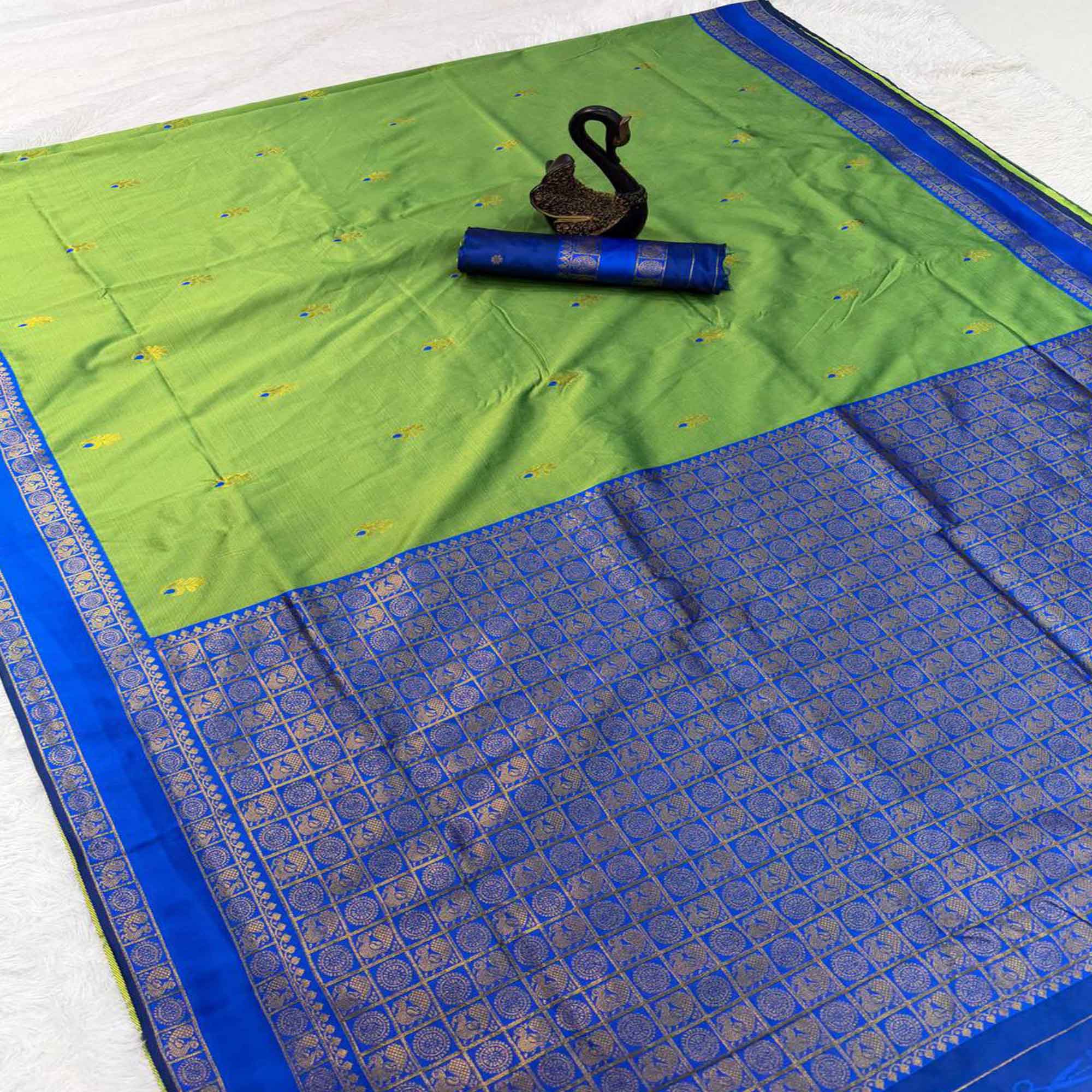 Lemon Green Handwoven Kanjivaram Silk Saree Detailed with Fine Zari Butti Motifs