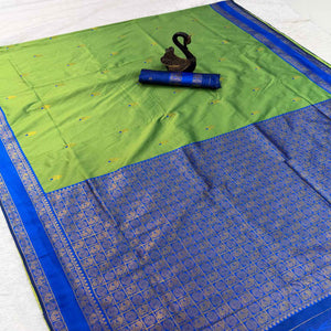 Lemon Green Handwoven Kanjivaram Silk Saree Detailed with Fine Zari Butti Motifs