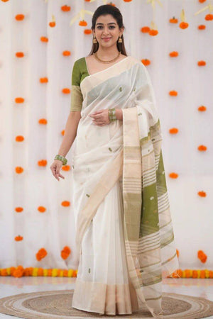 White and Green Zari-Woven Linen Cotton Saree Offering a Refined Festive Look