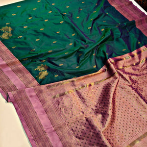 Green Traditional Kanjivaram Silk Saree Featuring Classic Zari Butti Weaving