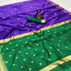 Purple Linen Cotton Saree Adorned with Intricate Zari Butti Weaving for a Refined Ethnic Appeal