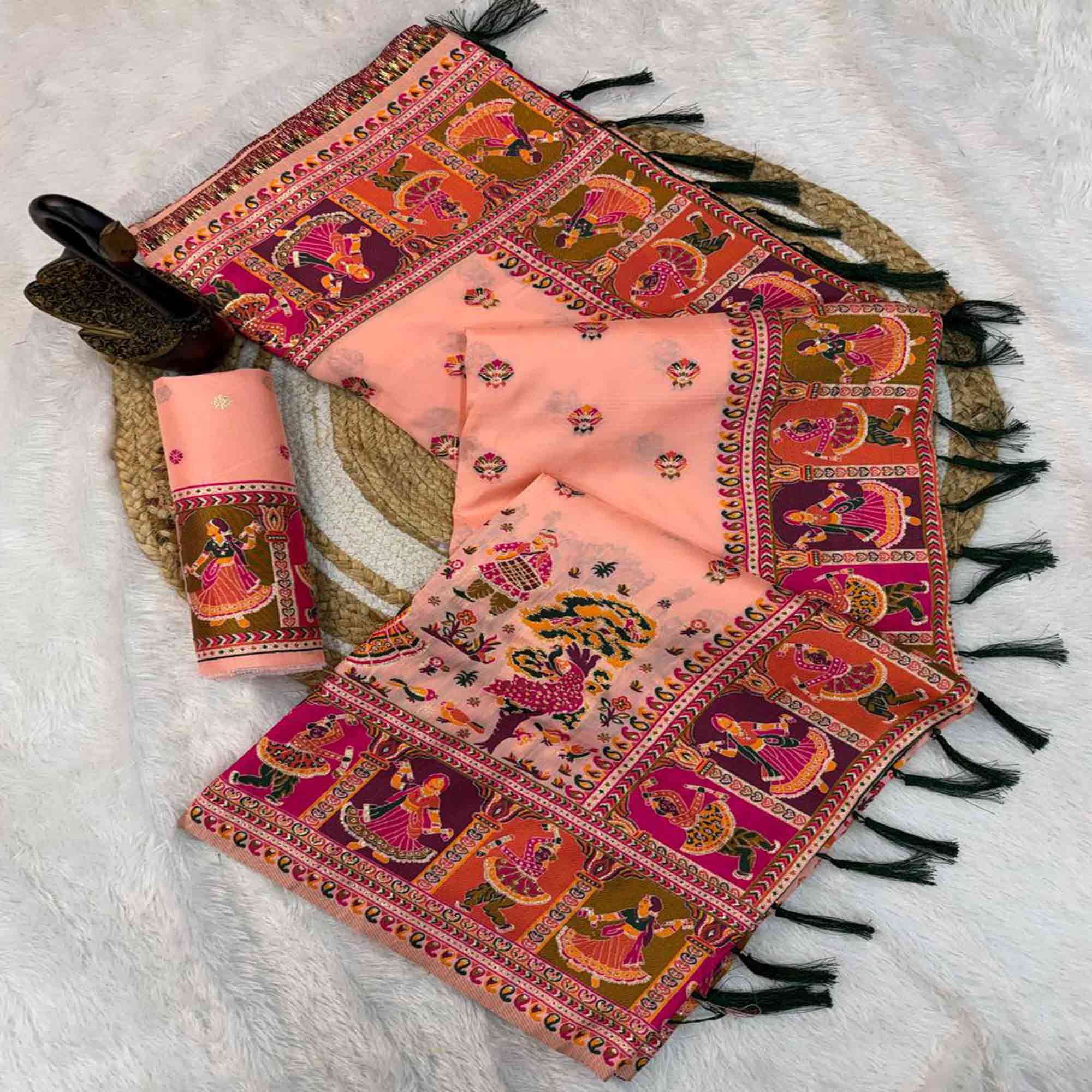 Peach Pashmina Silk Saree Enhanced with Intricate Rajwadi Zari Weaves for Festive Elegance