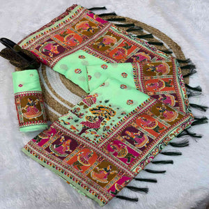 Pista Green Pashmina Silk Saree Enhanced with Intricate Rajwadi Zari Weaves for Festive Elegance