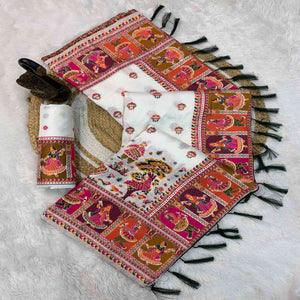 White Pashmina Silk Saree Enhanced with Intricate Rajwadi Zari Weaves for Festive Elegance