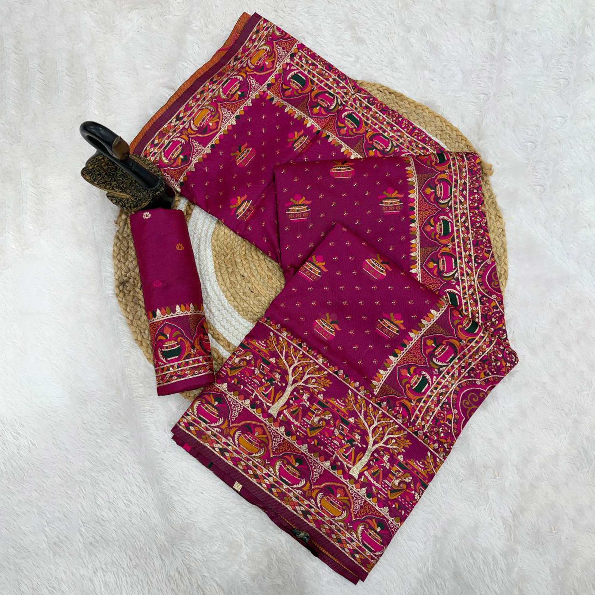 Magenta Madhubani Inspired Weaving Pashmina Silk Saree Perfect for Refined Festive