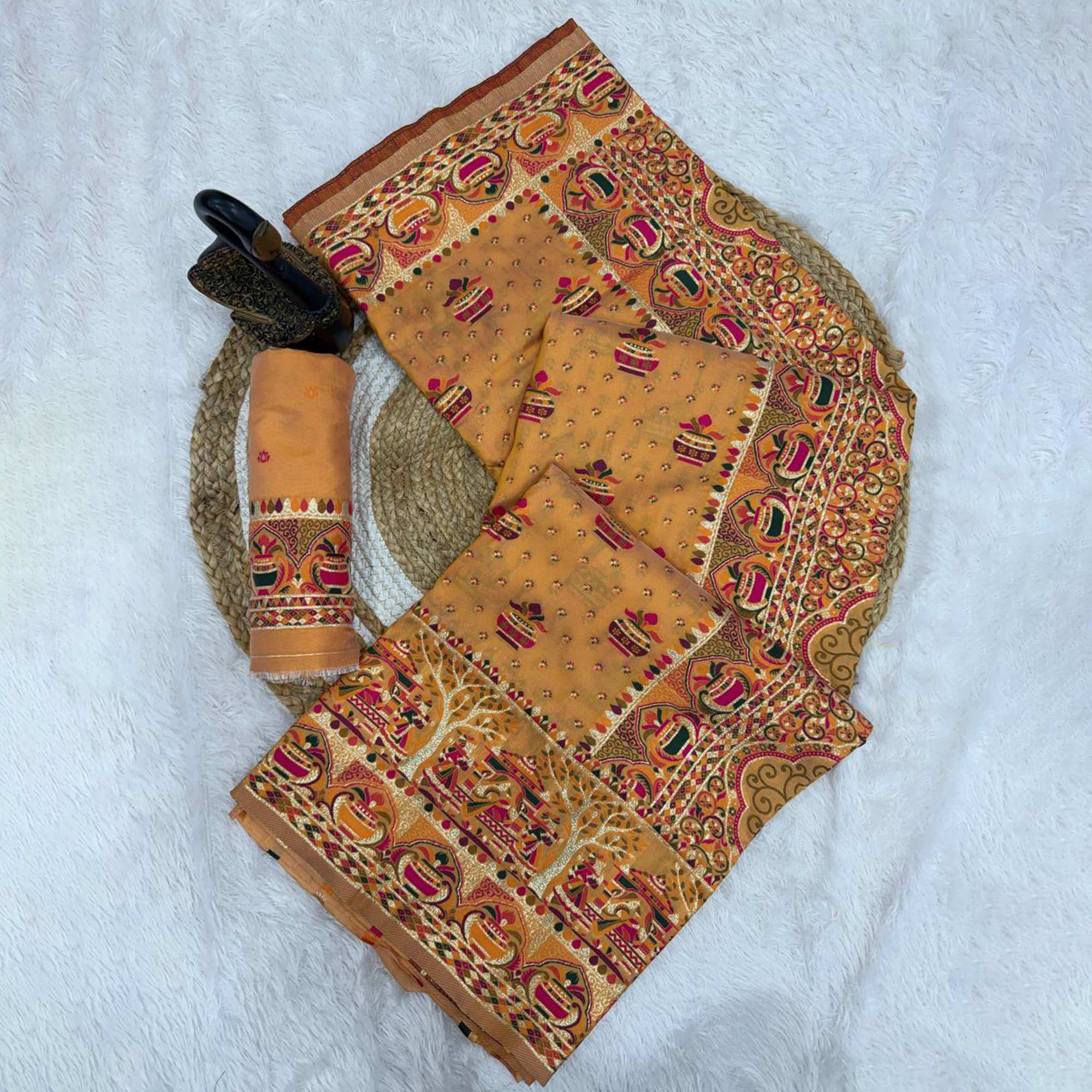 Mustard Madhubani Inspired Weaving Pashmina Silk Saree Perfect for Refined Festive