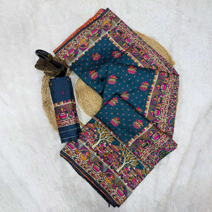 Teal Madhubani Inspired Weaving Pashmina Silk Saree Perfect for Refined Festive