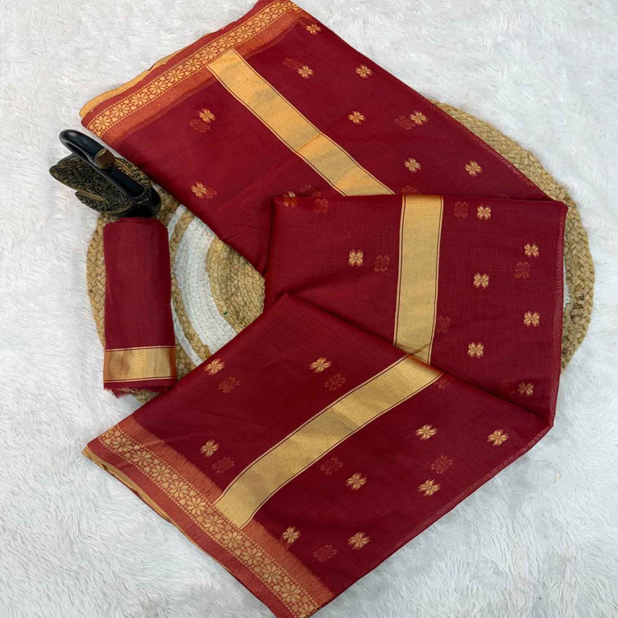 Maroon Classic Linen Cotton Saree Enhanced with Fine Zari Butti Weaving Detailing