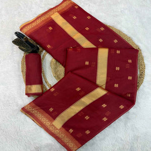 Maroon Classic Linen Cotton Saree Enhanced with Fine Zari Butti Weaving Detailing