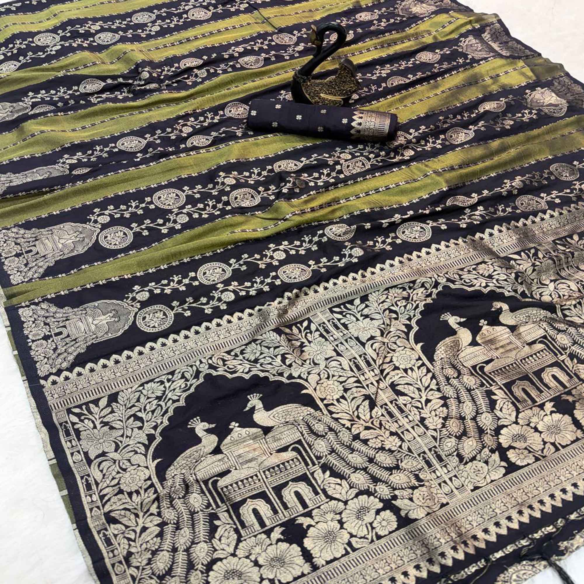 Black Festive Wear Chinya Tissue Silk Saree Enhanced with Intricate Zari Weaving Detailing