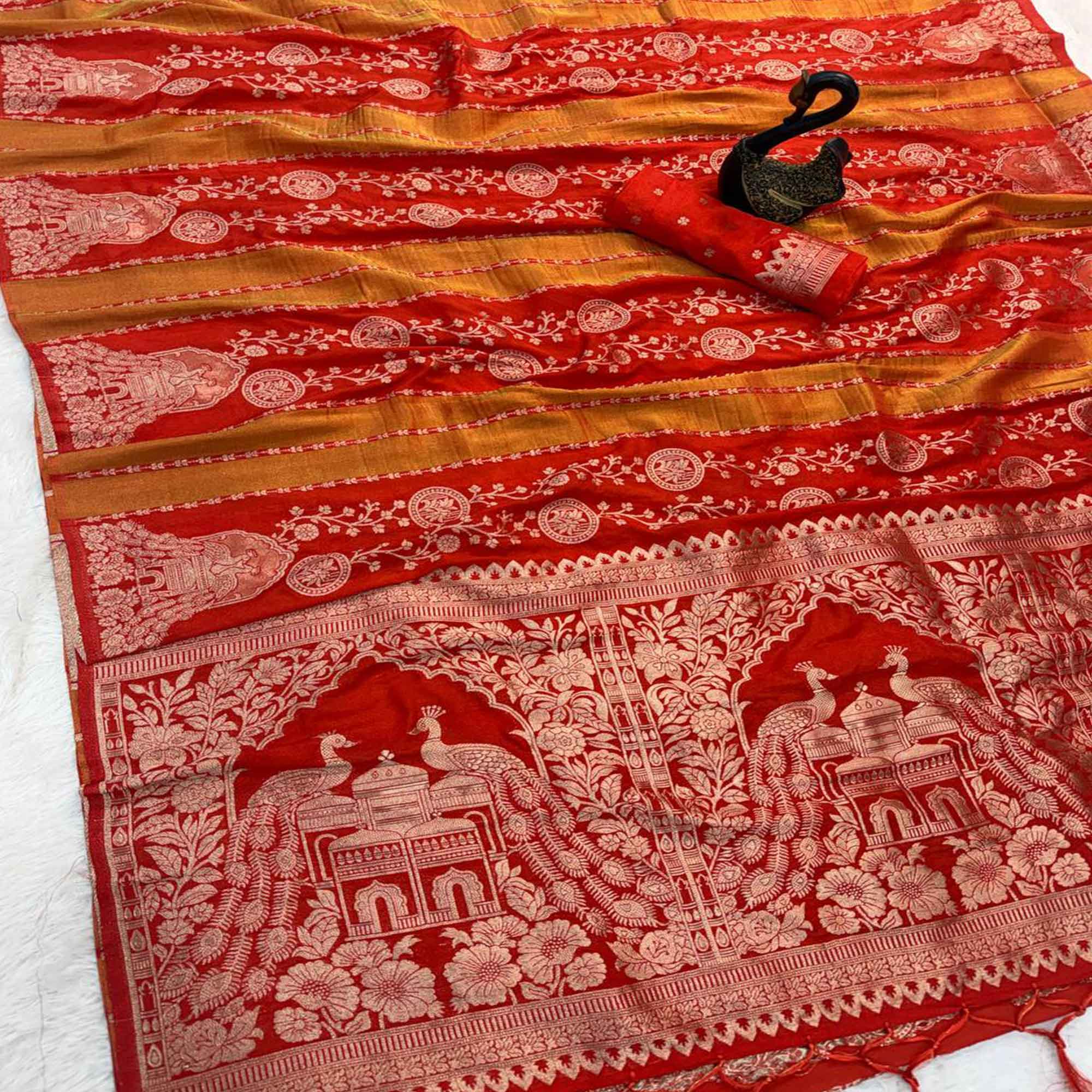 Orange Festive Wear Chinya Tissue Silk Saree Enhanced with Intricate Zari Weaving Detailing