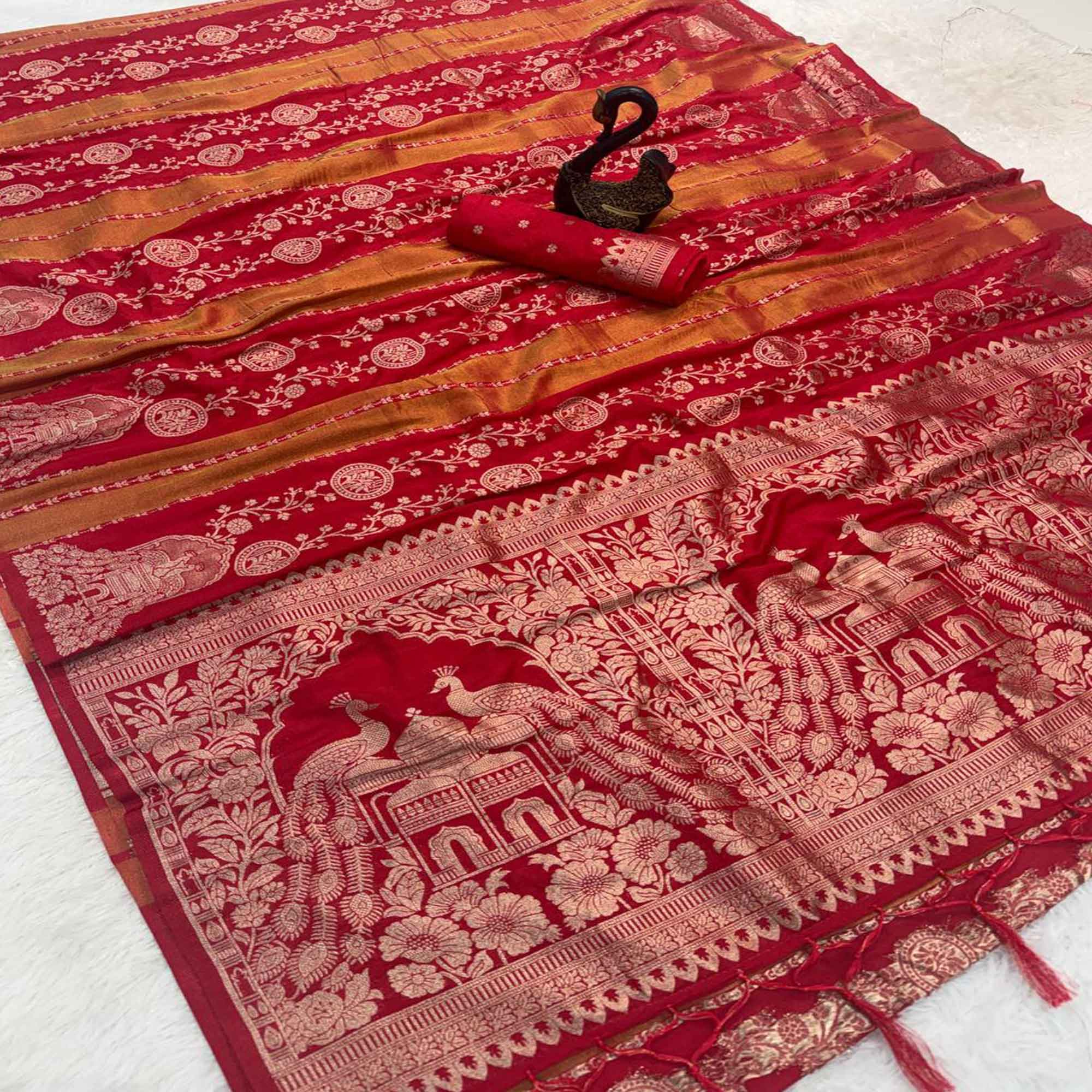 Red Festive Wear Chinya Tissue Silk Saree Enhanced with Intricate Zari Weaving Detailing