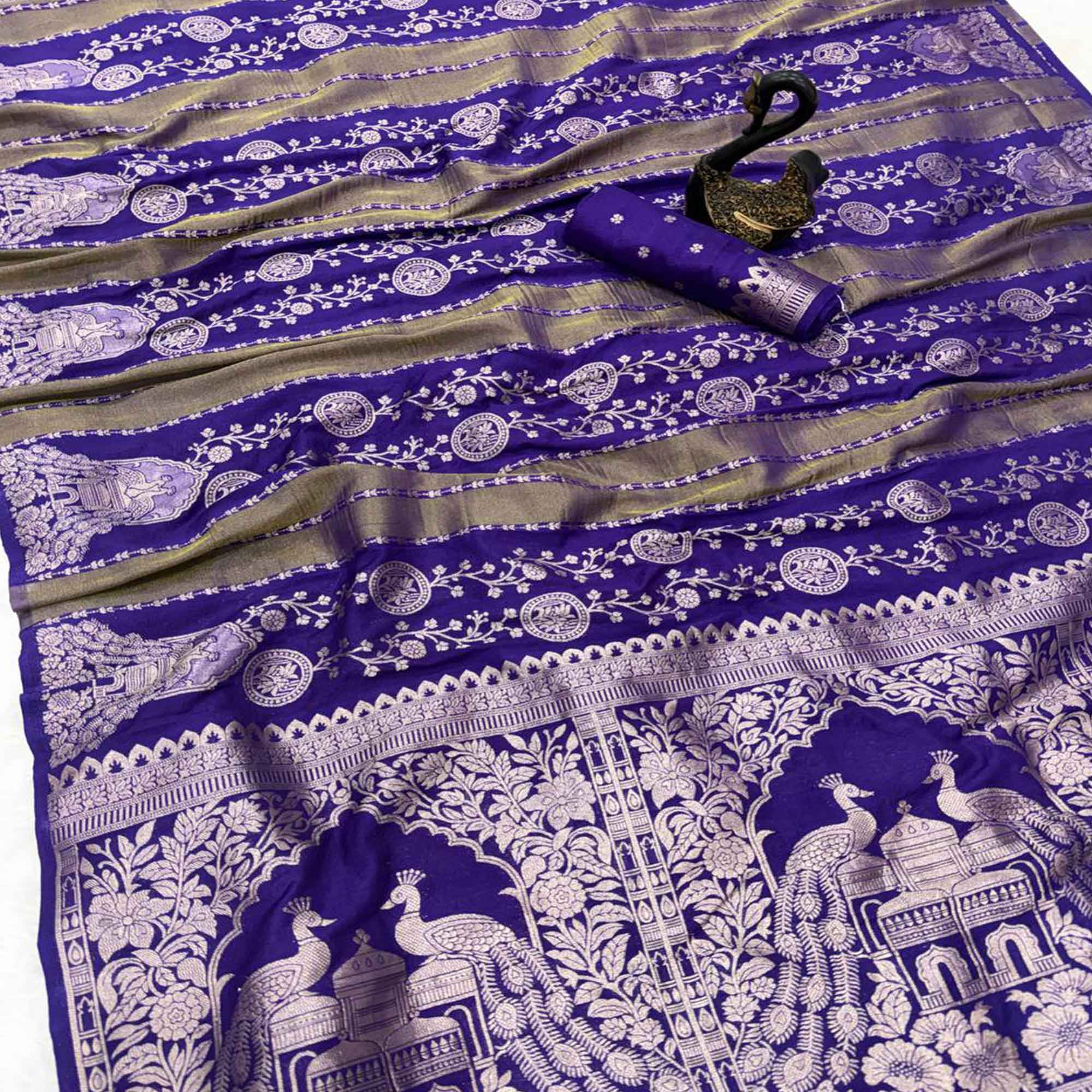 Violet Festive Wear Chinya Tissue Silk Saree Enhanced with Intricate Zari Weaving Detailing