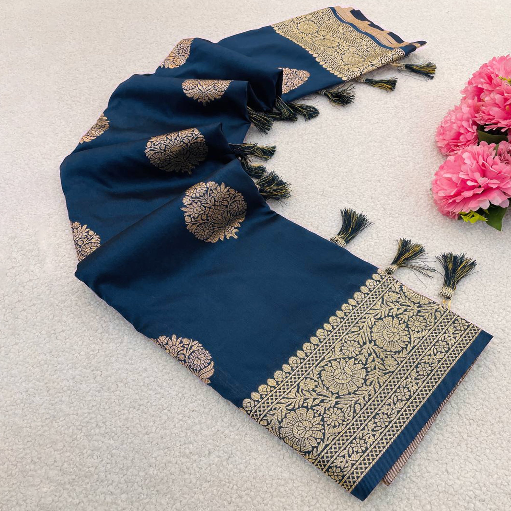 Blue Pure Banarasi Silk Saree Adorned with Intricate Zari Butti Woven Detailing