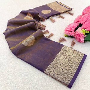 Lavender Pure Banarasi Silk Saree Adorned with Intricate Zari Butti Woven Detailing