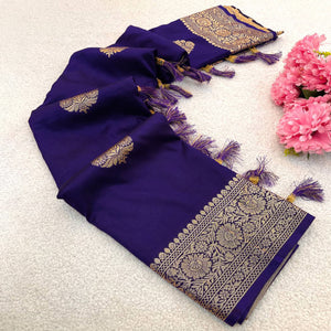 Navy Blue Pure Banarasi Silk Saree Adorned with Intricate Zari Butti Woven Detailing