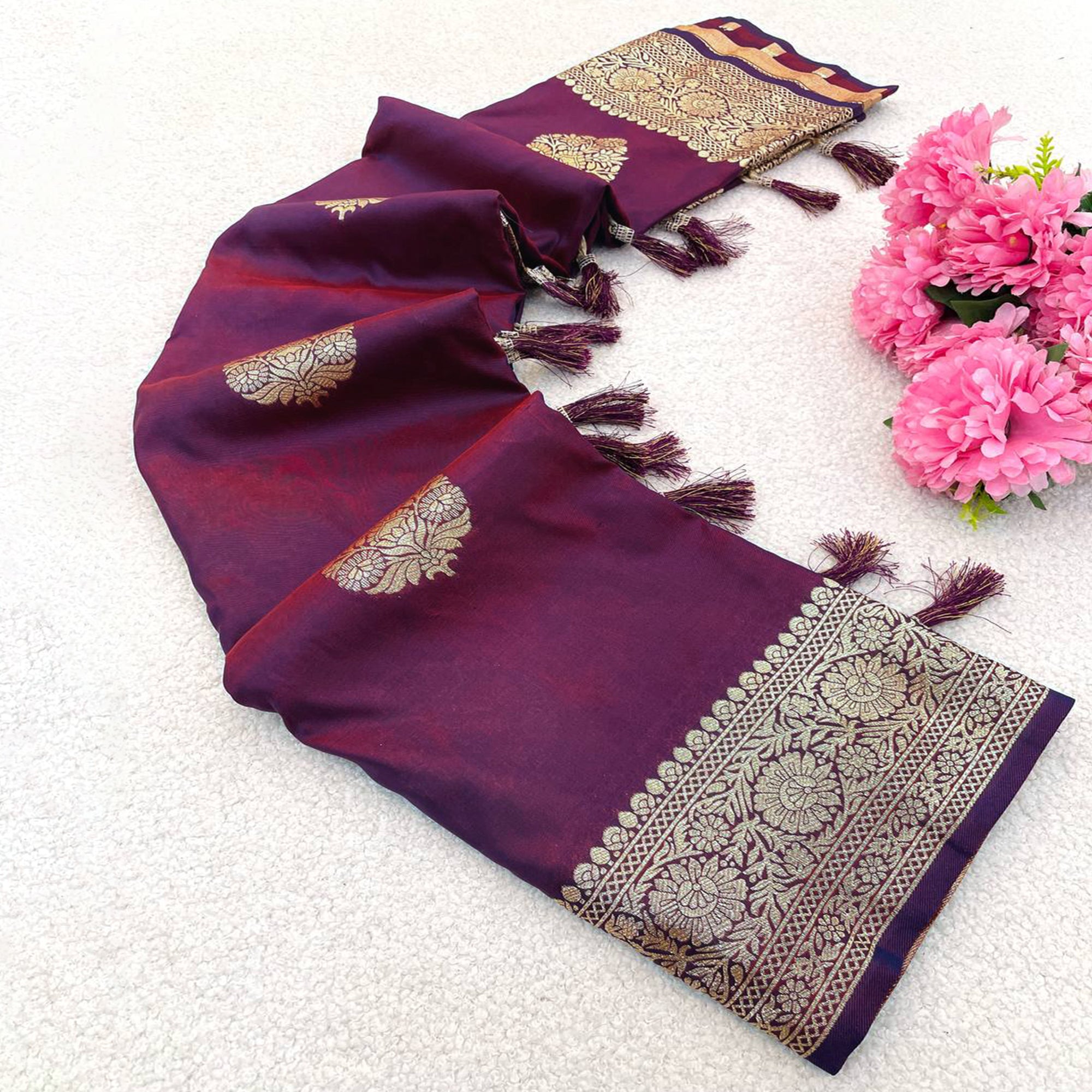 Purple Pure Banarasi Silk Saree Adorned with Intricate Zari Butti Woven Detailing