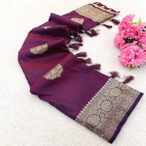 Purple Pure Banarasi Silk Saree Adorned with Intricate Zari Butti Woven Detailing