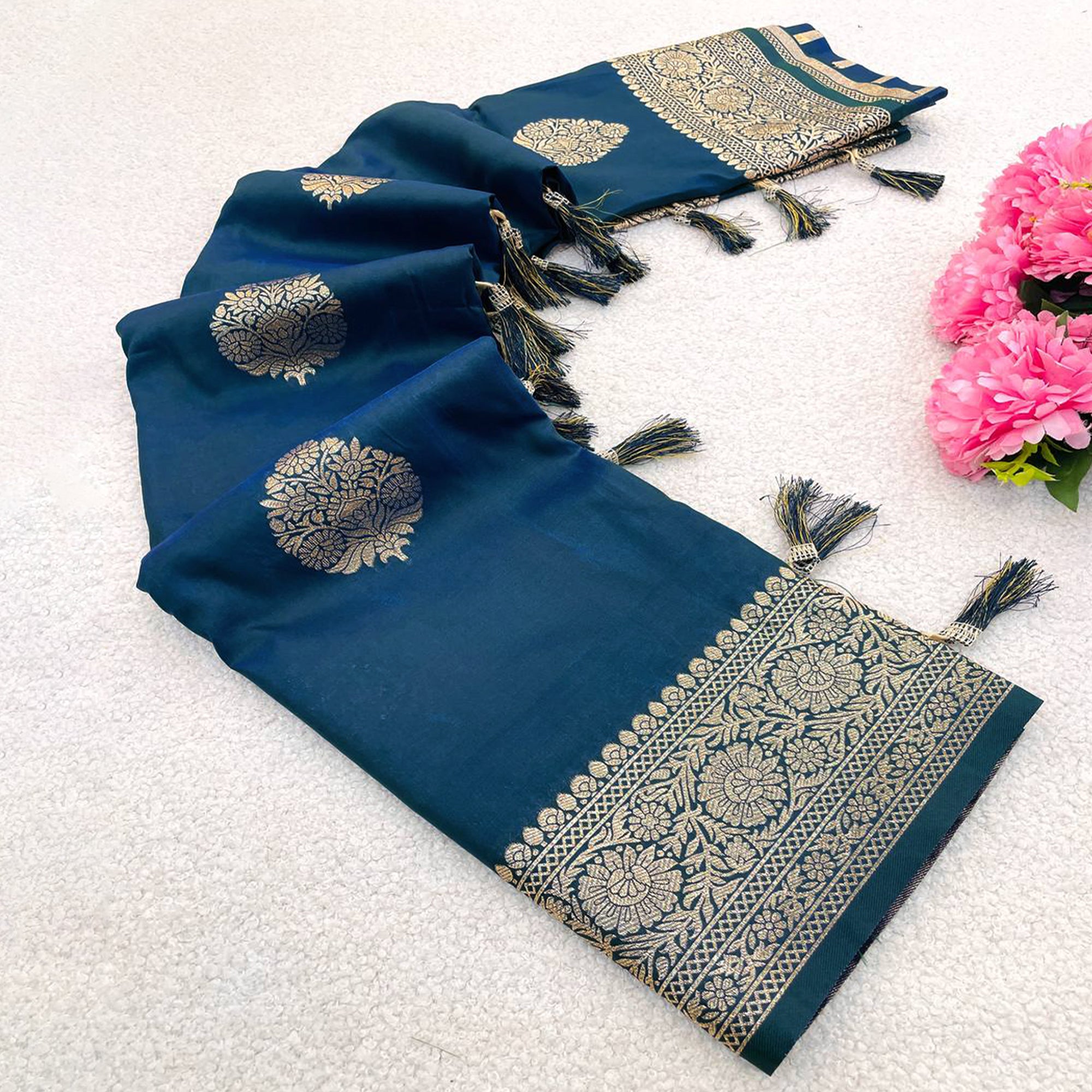 Teal Pure Banarasi Silk Saree Adorned with Intricate Zari Butti Woven Detailing