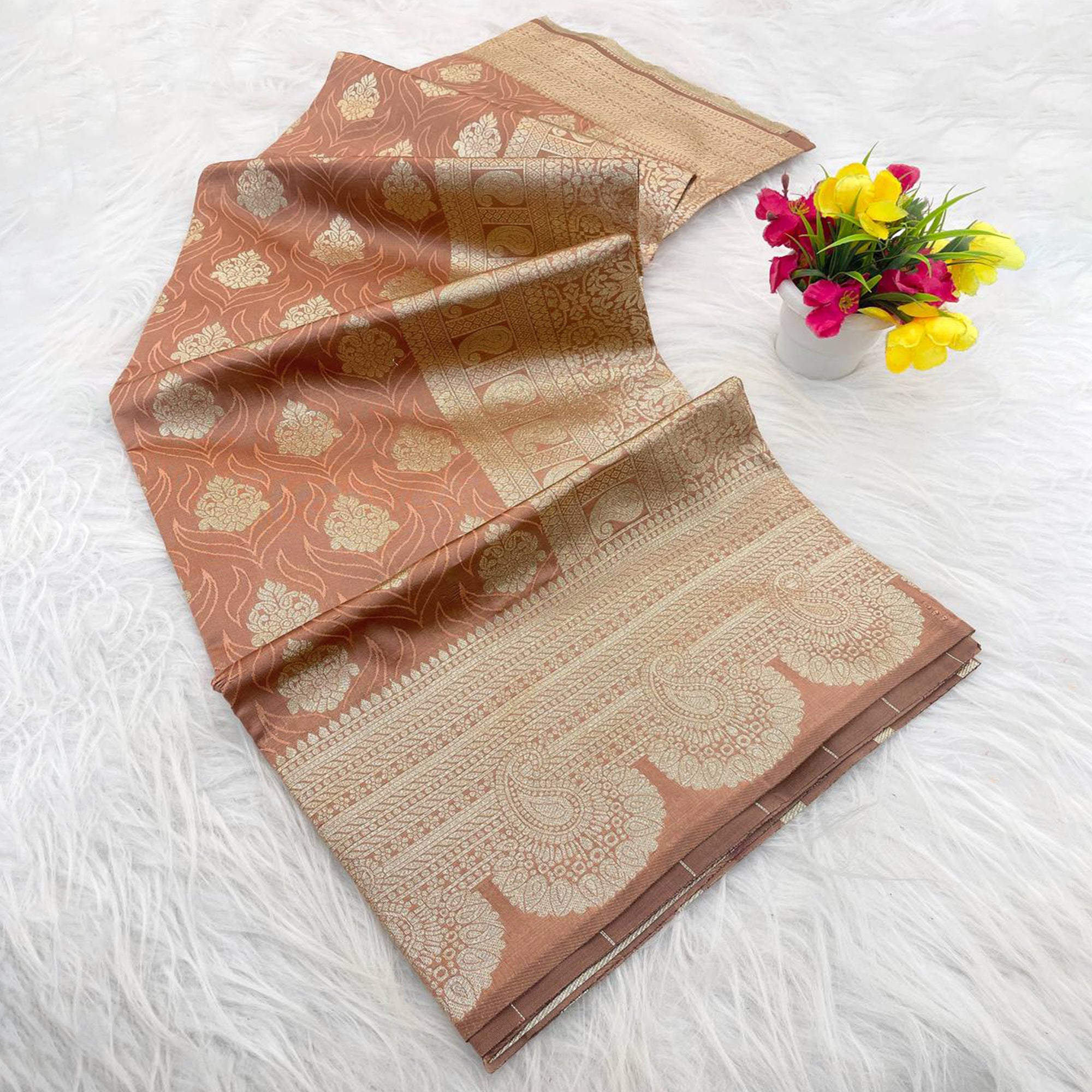 Brown Floral Zari Woven Pure Banarasi Silk Saree Designed for Luxurious Festive Elegance
