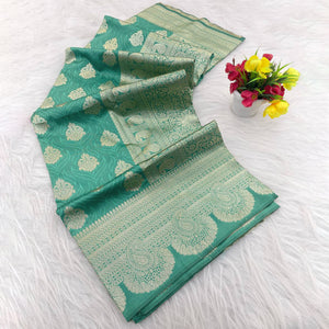 Rama Green Floral Zari Woven Pure Banarasi Silk Saree Designed for Luxurious Festive Elegance