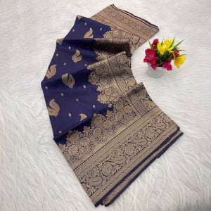 Blue Pure Banarasi Silk Saree Adorned with Exquisite Floral Zari Weaving