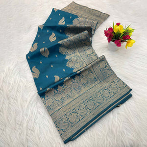 Teal Pure Banarasi Silk Saree Adorned with Exquisite Floral Zari Weaving