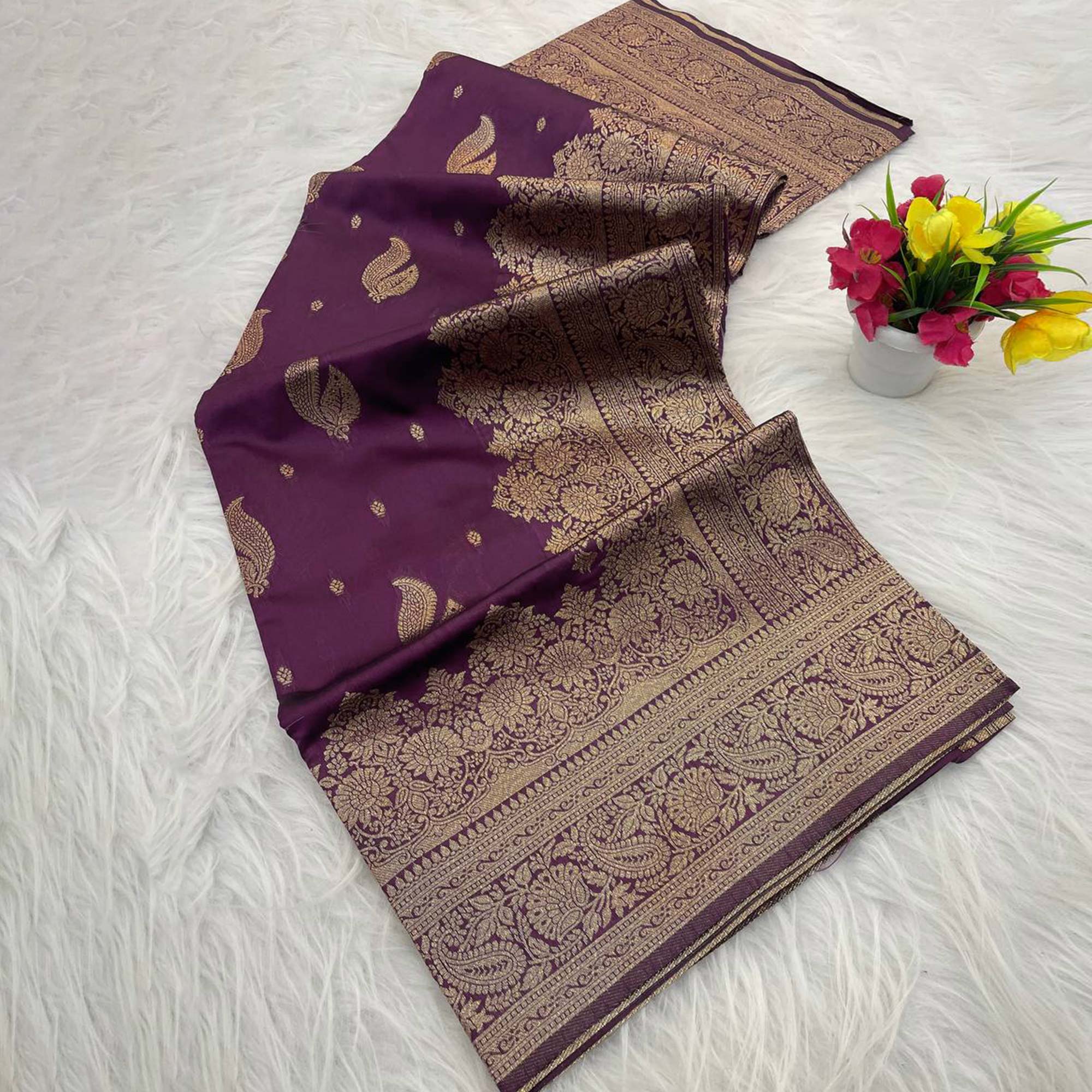 Wine Pure Banarasi Silk Saree Adorned with Exquisite Floral Zari Weaving