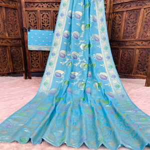 Blue Soft Dola Silk Saree Adorned with Intricate Meenakari-Style Weaving