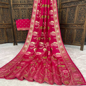 Dark Pink Soft Dola Silk Saree Adorned with Intricate Meenakari-Style Weaving