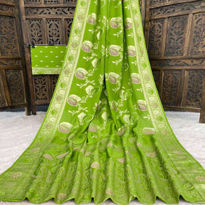 Green Soft Dola Silk Saree Adorned with Intricate Meenakari-Style Weaving