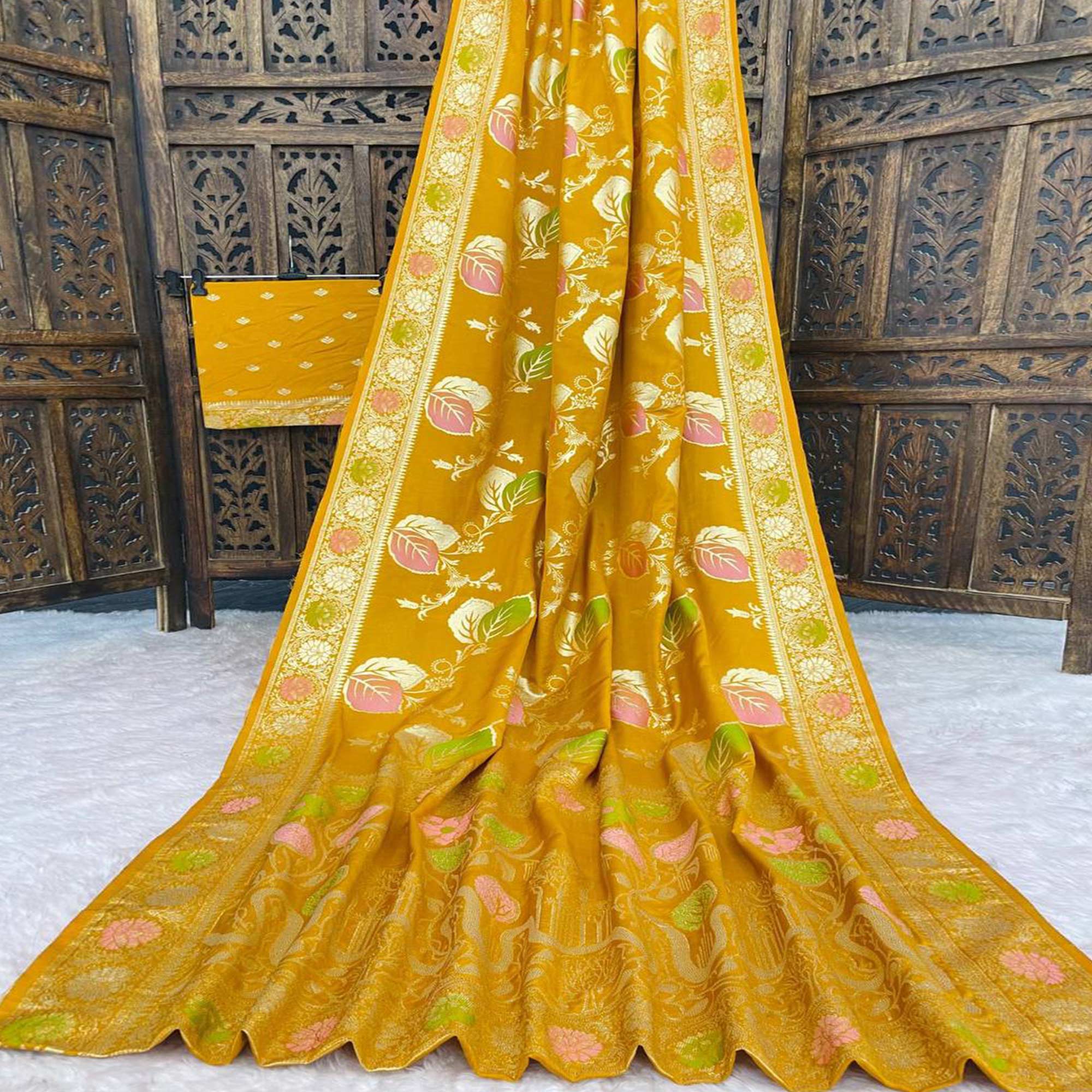 Mustard Soft Dola Silk Saree Adorned with Intricate Meenakari-Style Weaving