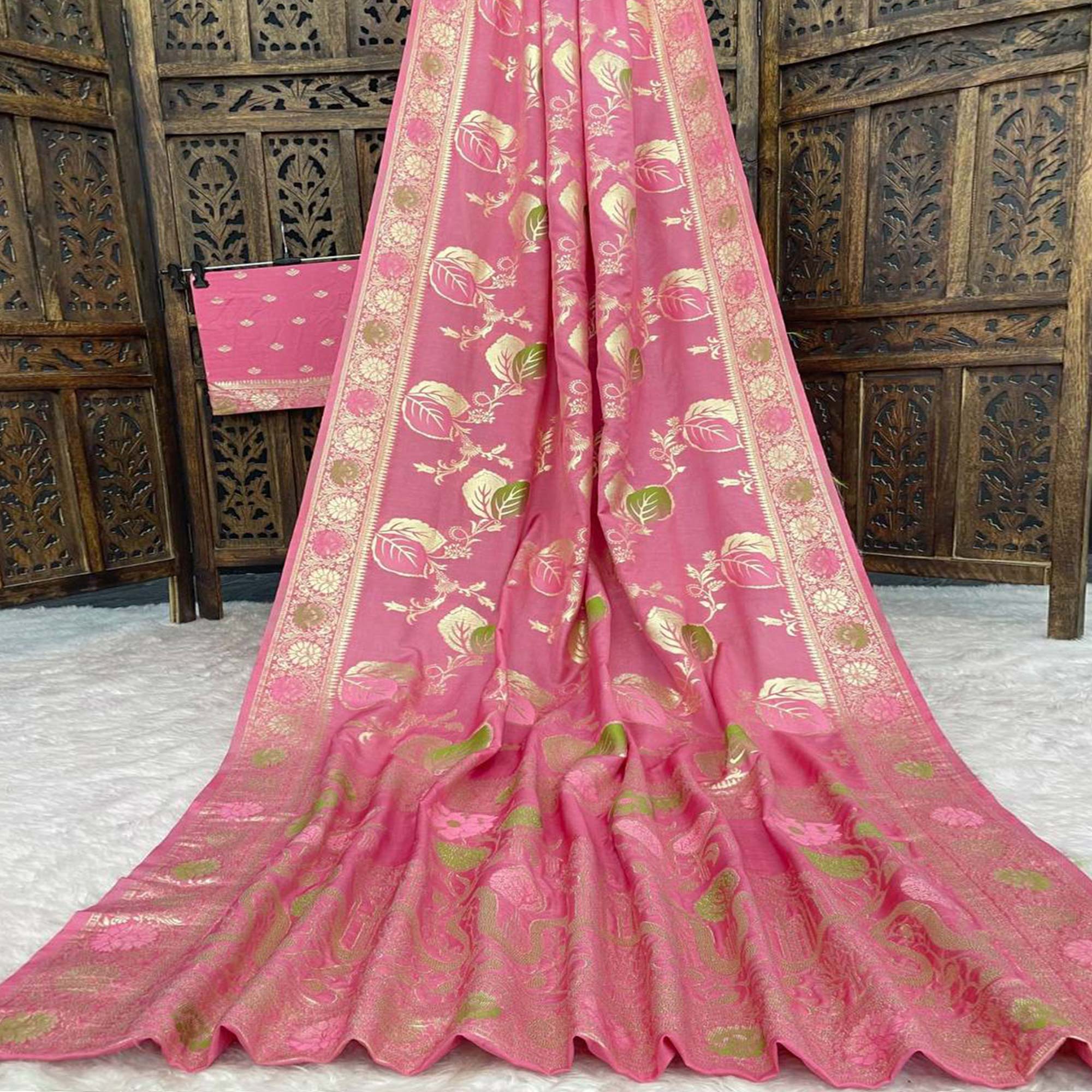 Pink Soft Dola Silk Saree Adorned with Intricate Meenakari-Style Weaving