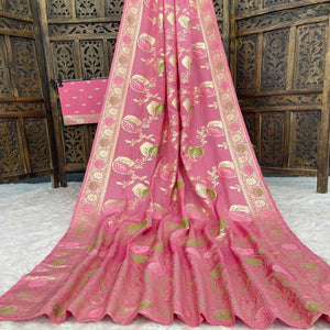 Pink Soft Dola Silk Saree Adorned with Intricate Meenakari-Style Weaving