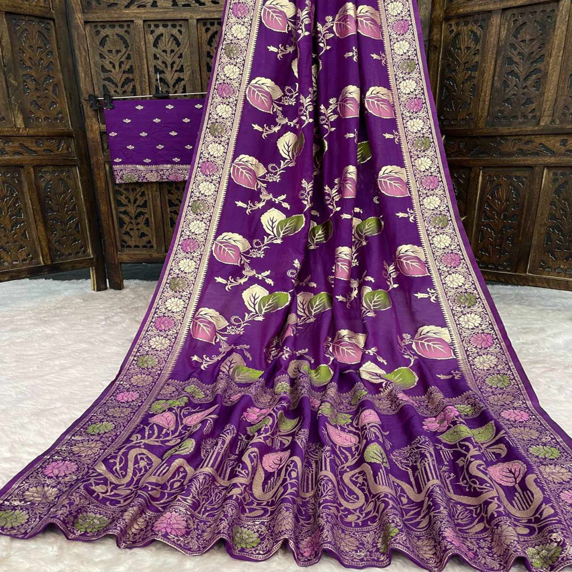 Purple Soft Dola Silk Saree Adorned with Intricate Meenakari-Style Weaving