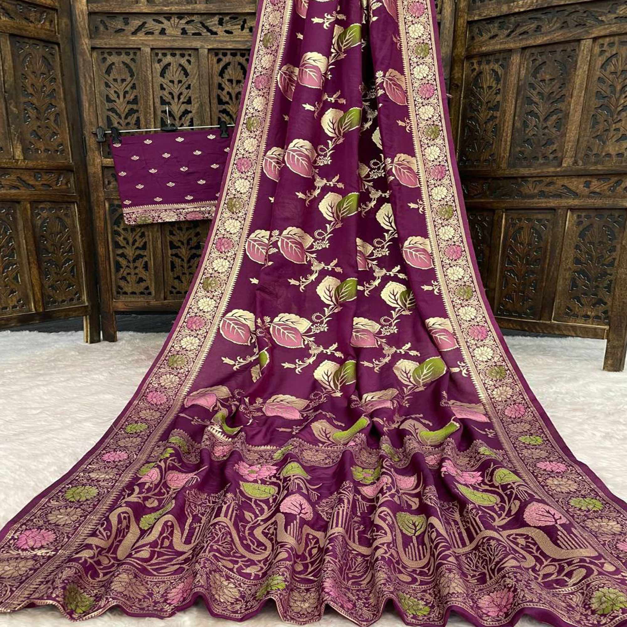 Wine Soft Dola Silk Saree Adorned with Intricate Meenakari-Style Weaving