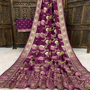 Wine Soft Dola Silk Saree Adorned with Intricate Meenakari-Style Weaving