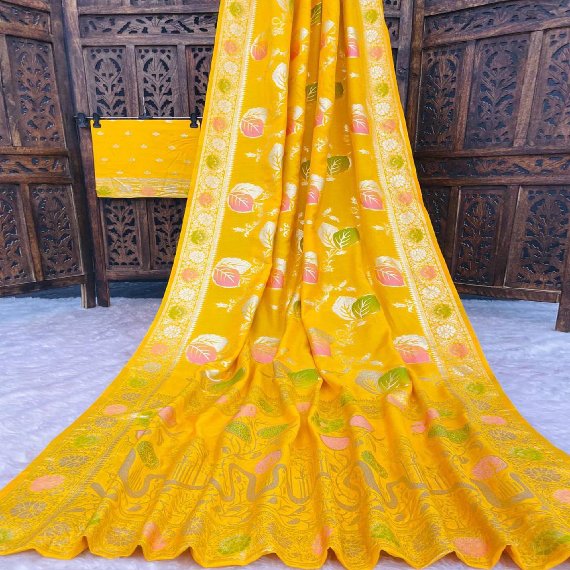 Yellow Soft Dola Silk Saree Adorned with Intricate Meenakari-Style Weaving