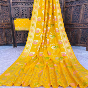 Yellow Soft Dola Silk Saree Adorned with Intricate Meenakari-Style Weaving