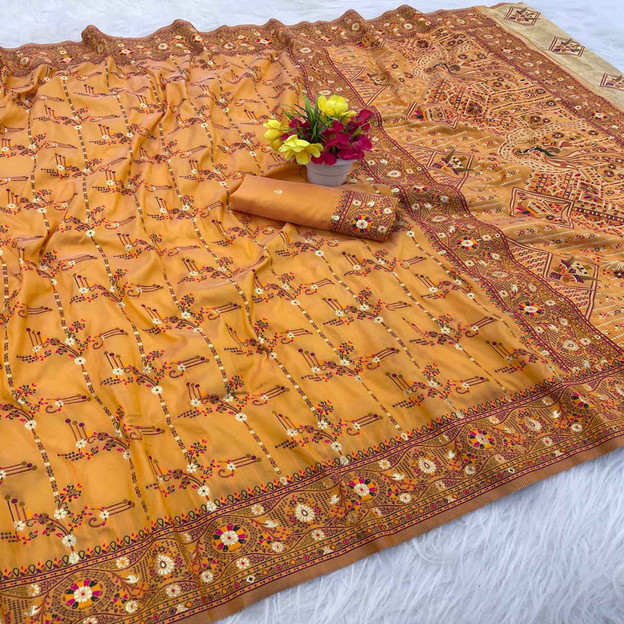 Mustard Pashmina Silk Saree Featuring Rajwadi Traditional Weaving with a Kashmiri Pallu