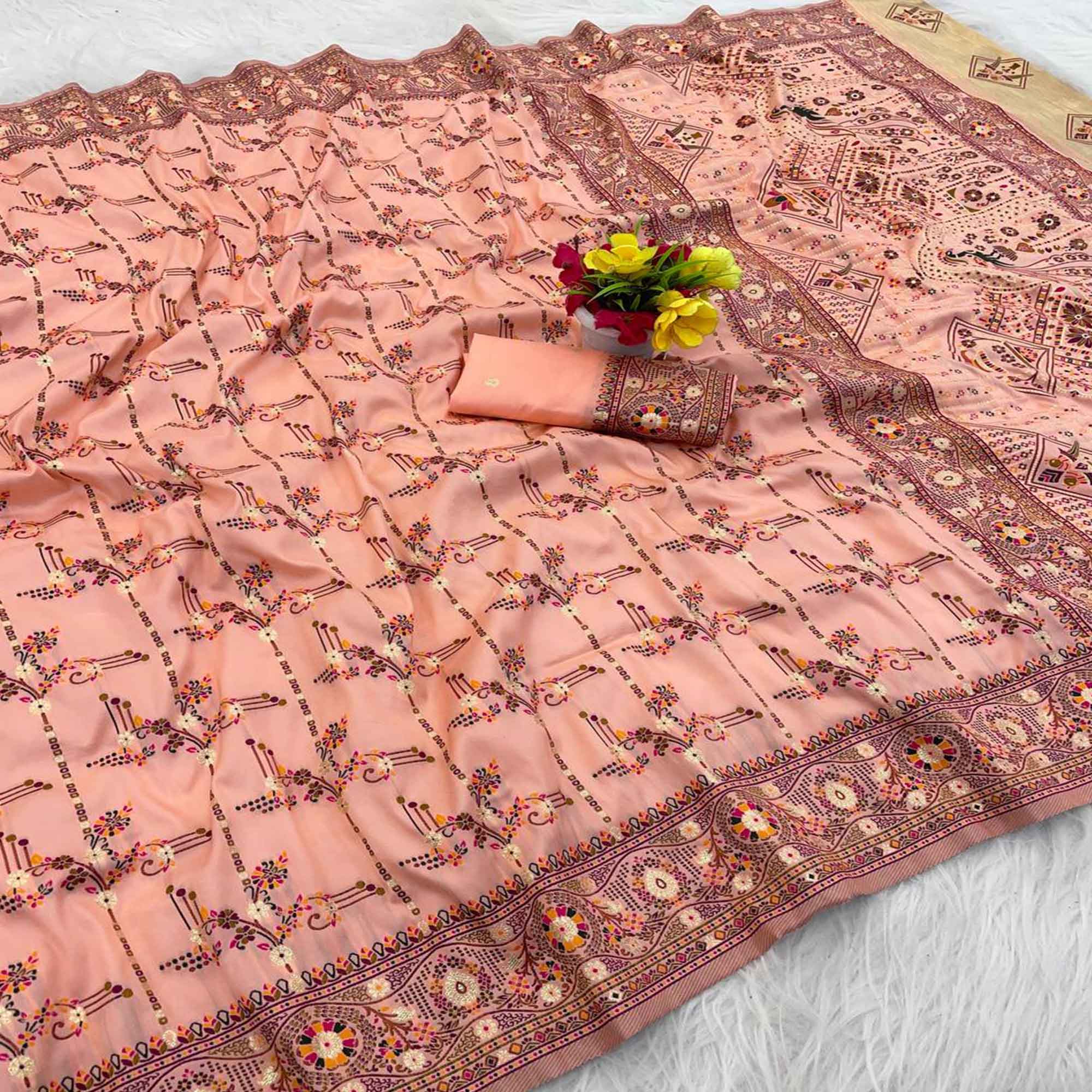 Peach Pashmina Silk Saree Featuring Rajwadi Traditional Weaving with a Kashmiri Pallu